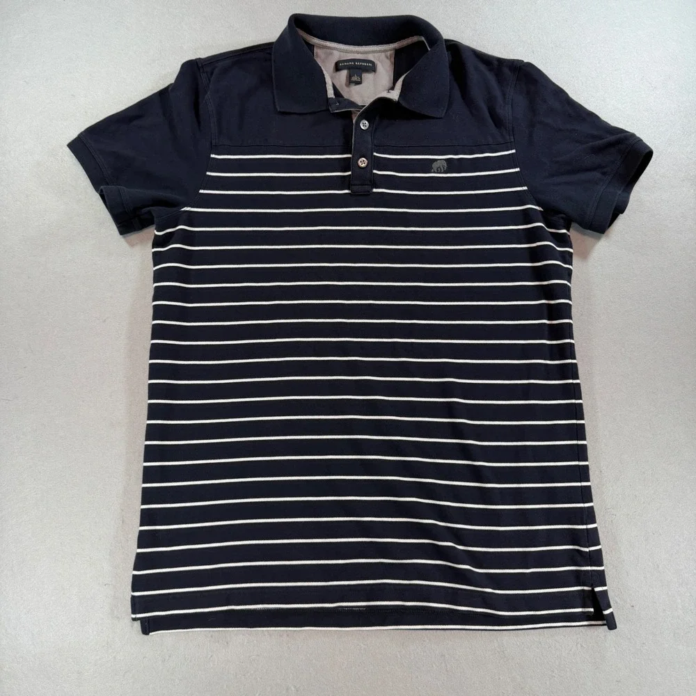 Banana Republic Elephant Logo Striped Polo Men's L True Navy 429587